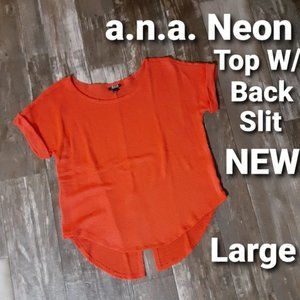 NEW a.n.a Neon Knit Sweater Top With Back Slit Size Large Neon Red Orange